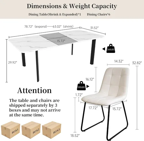 Miniatura 2 de HIPIHOM Juego de mesa de comedor extensible para 6-8 personas, mesa de cocina MDF de 63 a 78.7 pulgadas con 6 sillas tapizadas, ahorro de espacio