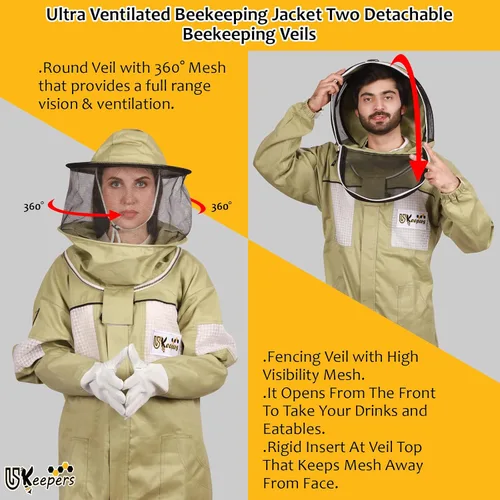 Miniatura 3 de Traje de apicultura de polialgodón ultra ventilado para hombres y mujeres con guantes y dos velos de apicultura, traje de apicultura profesional
