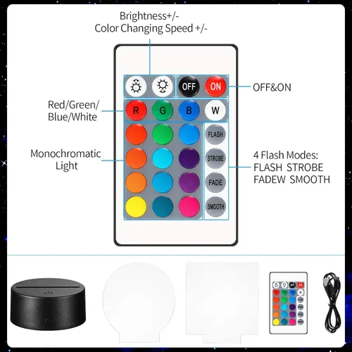 Miniatura 4 de Honoson 4 Piezas Bases de Lámpara LED Nocturna 3D con 4 Piezas Láminas de Acrílico Transparente Control Remoto Cable USB Ajustable 16 Colores 4
