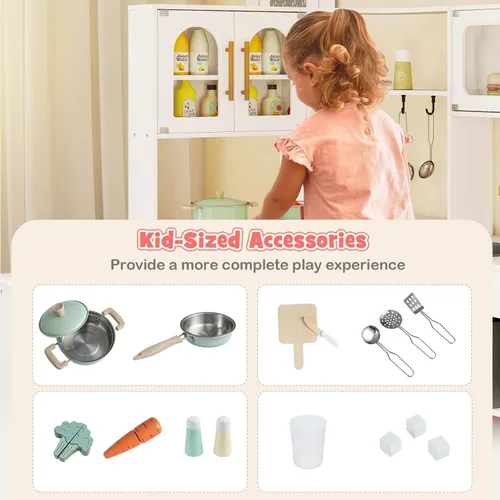 Miniatura 5 de HONEY JOY Cocina de Juego de Esquina con Carrito Rodante, Juego de Cocina de Juguete de Madera de Simulación con Luces, Máquina de Hielo, Estufas