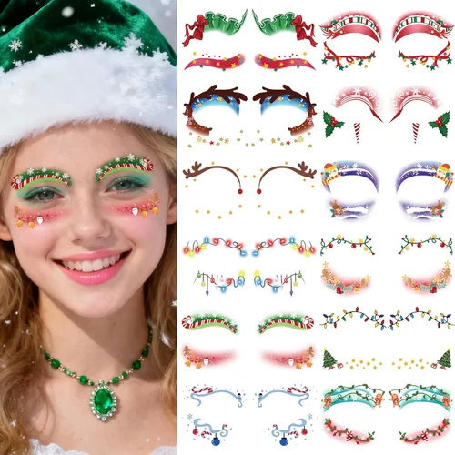 12 pares de tatuajes temporales de maquillaje navideño para ojos, impermeables, árbol de Navidad, ciervo, delineador de ojos, sombra de ojos, kit de