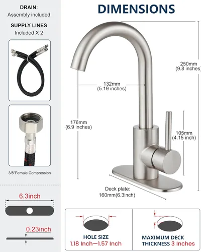 Miniatura 4 de Midanya Grifo de baño de 1 o 3 agujeros, mango único, adecuado para bar, cocina, RV, tocador, acero inoxidable 304, boquilla giratoria de cuello