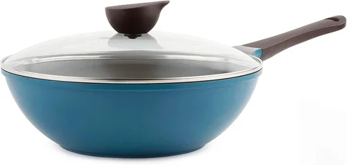 Sartén Neoflam con tapa de vidrio, cerámica blanca antiadherente de 10 pulgadas, profesional, 12 pulgadas, Azul Oscuro Azul profundo