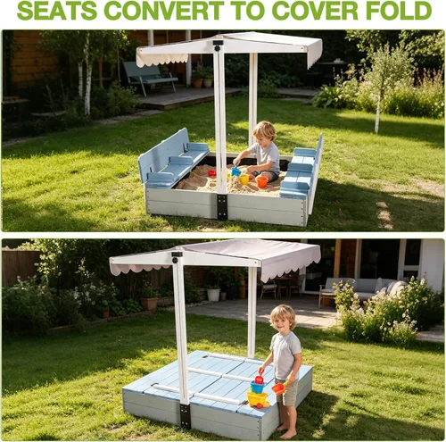 Miniatura 8 de GUTINNEEN Wooden Sandbox with 360° Adjustable Canopy, Outdoor Kids Sand Box with Foldable Benches, Sand Leak-Proof Liner, 47”Lx47”Wx52”H, Blue