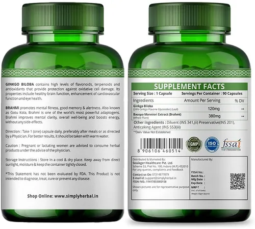 Miniatura 2 de Simply Herbal Ginkgo Biloba 120mg con extracto de Bacopa Monnieri Brahmi 380mg para una mejor concentración, mejora la circulación sanguínea, mejora