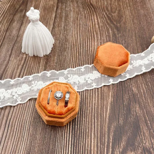 Miniatura 2 de Caja de terciopelo para anillos con 3 ranuras, octágono de alta calidad, hecha a mano, con tres anillos, almacenamiento para ceremonia de boda