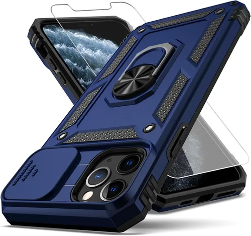 Miniatura 9 de Funda para iPhone 11 Pro Max con cubierta deslizante para cámara + protector de pantalla HD, soporte de anillo giratorio de grado militar a prueba
