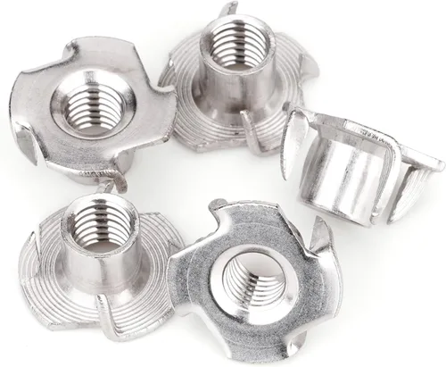 Miniatura 14 de Tuercas en T de 1/4"-20 (Paquete de 100), acero chapado en zinc resistente a la corrosión, longitud de barril de 5/16", tuerca en T de 4 puntas