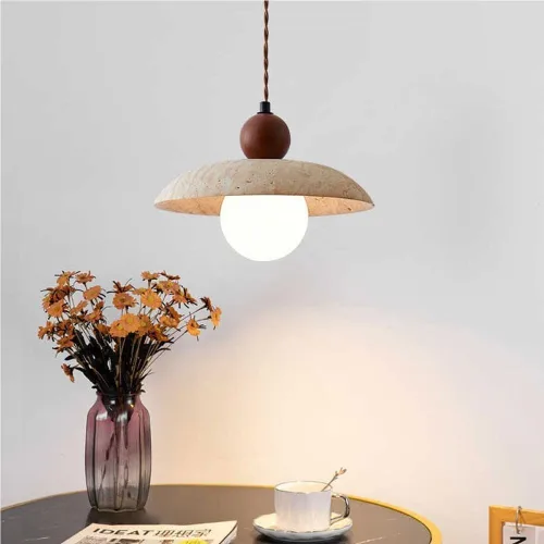 Miniatura 4 de White Globe Glass Pendant Light Nordic Kitchen Island Hanging Lamp Japanese Wabi-Sabi Yellow Travertine Chandelier for Dining Room Bar Counter