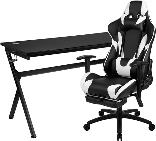 Miniatura 32 de Flash Furniture Juego de escritorio para juegos negro y silla de carreras blanco/negro con soporte para tazas, gancho para auriculares y soporte