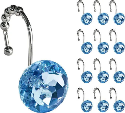 Miniatura 22 de Sunlit Diseño de Lujo Redondo Aqua Azul Diamante Cristal Gema Bling con Bolas Deslizantes Ganchos para Cortina de Ducha, Anillos para Cortina