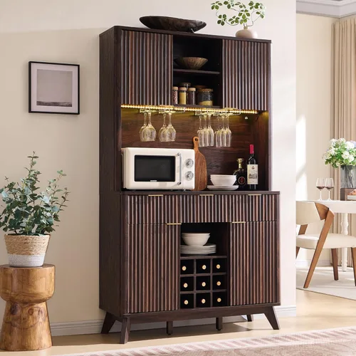 Miniatura 9 de OKD Gabinete de barra de café acanalado de 72 pulgadas de alto con amplio almacenamiento, aparador de buffet moderno con soporte para vidrio, Nogal