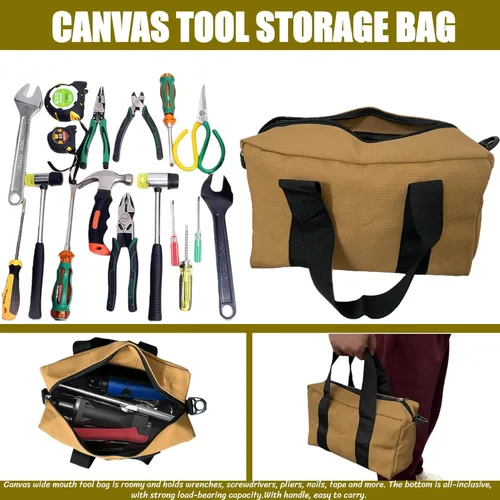 Miniatura 5 de BLIRITEL Bolsa de herramientas portátil de 12 pulgadas de boca ancha, bolsa de almacenamiento de herramientas de lona resistente, bolso de mano