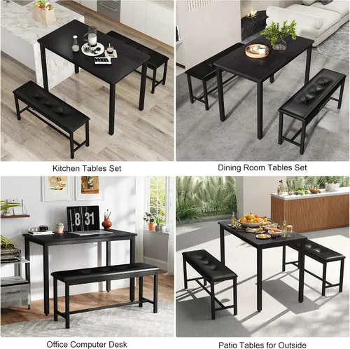 Miniatura 4 de Juego de mesa de comedor para 4, mesa de cocina con 2 bancos, muebles de comedor de madera de 3 piezas, juegos de sillas de comedor para rincón