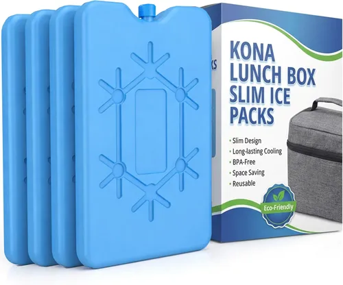 Kona Paquete de 4 bolsas de hielo delgadas para loncheras y enfriadores, reutilizables, congelación rápida, ahorro de espacio, paquetes fríos