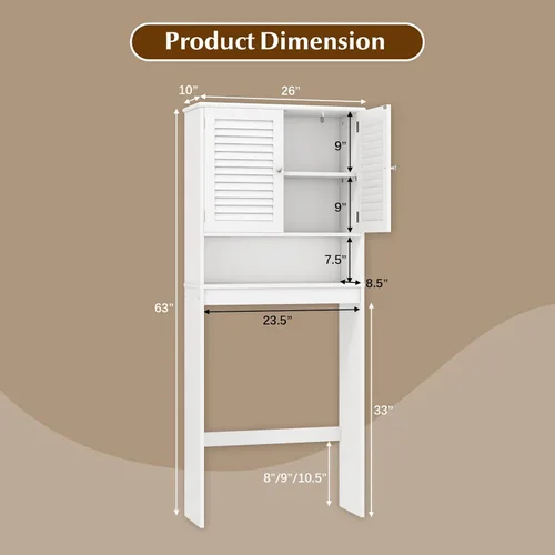 Miniatura 2 de Giantex Armario de almacenamiento sobre el inodoro, organizador de baño de 3 niveles con 2 puertas con rejillas, estante ajustable, independiente