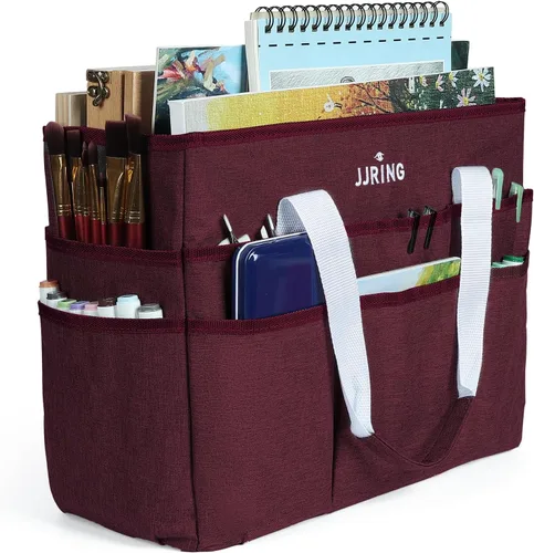 JJRING Bolsa Tote Organizadora de Manualidades, Organizador de Almacenamiento de Arte Grande con Múltiples Bolsillos, Bolsa de Costura Rojo Oscuro