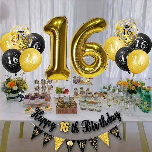 Miniatura 7 de Decoraciones de fiesta de cumpleaños número 16 para hombres y mujeres, negro y dorado, cartel de feliz cumpleaños negro y dorado, globos de feliz