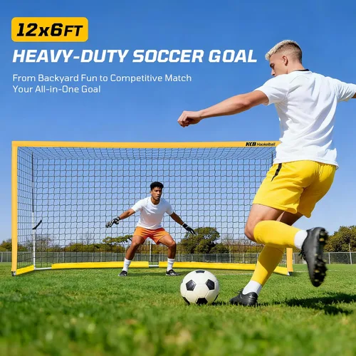 Miniatura 2 de Haokelball Portería de fútbol portátil para patio trasero, red de fútbol de 12 x 6 pies con poste de metal para práctica de adultos y jóvenes