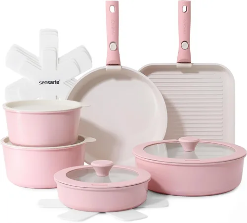 SENSARTE Juego de ollas y sartenes de cerámica de 17 piezas, antiadherentes con mango desmontable, utensilios de cocina de inducción con mango Rosa