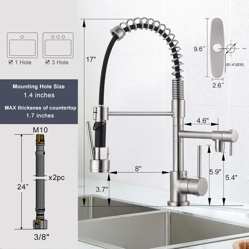 Miniatura 6 de WOWOW - Grifo de cocina de latón con rociador extraíble, grifo de cocina de resorte comercial de arco alto para fregaderos de 1 o 3 agujeros, grifo