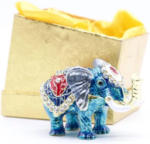 Miniatura 4 de Pequeña caja de baratija de elefante azul con bisagras Joyeros pintados a mano figura de elefante regalo
