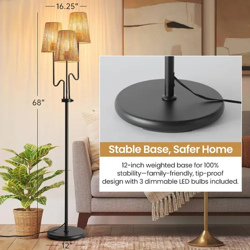 Miniatura 5 de Lámpara de pie regulable, 68 pulgadas, lámparas de pie bohemias con pantalla natural, lámpara de árbol de 3 luces para decoración de estilo costero