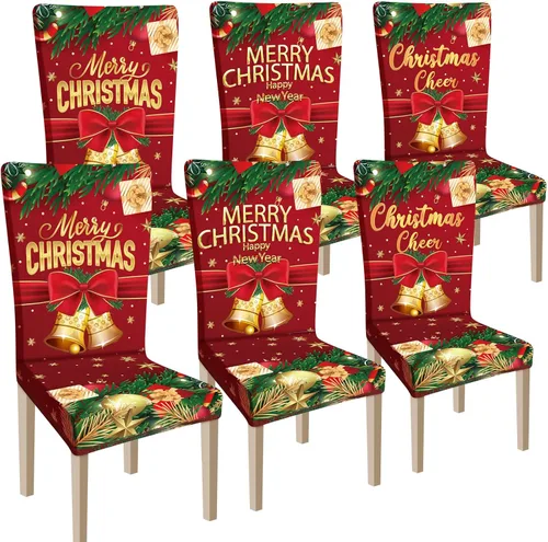 Miniatura 8 de Ganeen 6 piezas de fundas para sillas navideñas, funda para respaldo de silla de Navidad, funda elástica para asiento de Navidad lavable, protector
