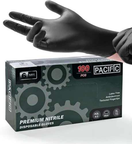 PACIFIC PPE Guantes desechables de nitrilo negro resistentes de 6 mil, resistentes a productos químicos, seguros para alimentos, sin látex, para