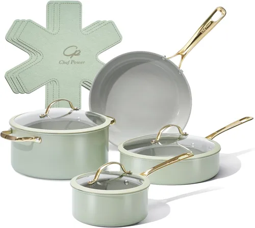 Miniatura 9 de Chef Power Juego de utensilios de cocina de cerámica, 10 ollas y sartenes antiadherentes, juego de utensilios de cocina con mango de acero
