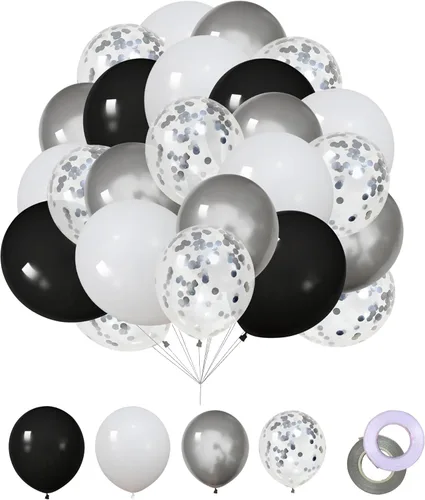 Miniatura 5 de Juego de 62 globos de 12 pulgadas, color negro, blanco, plateado, globos de fiesta con confeti plateado metálico blanco y negro con cintas
