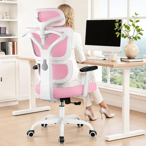 Miniatura 15 de Silla de oficina ergonómica con respaldo alto y soporte lumbar, silla de computadora de malla transpirable con reposabrazos ajustables, silla Blanco