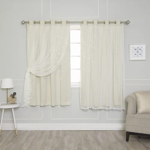 Miniatura 23 de Best Home Fashion Par de cortinas opacas con revestimiento de tul y corte láser, paneles de ventana con ojales plateados para dormitorio, habitación