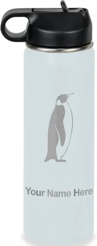 Miniatura 40 de LaserGram Botella de agua personalizada, pingüino, acero inoxidable de doble pared aislada al vacío con popote superior, regalo grabado