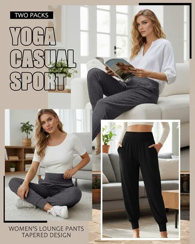Miniatura 2 de Paquete de 2 pantalones deportivos de yoga para mujer, cómodos pantalones deportivos con bolsillos, casuales, holgados, cómodos y de cintura alta