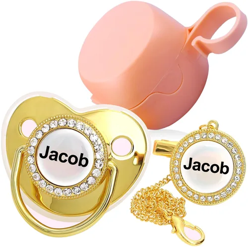 Miniatura 5 de Chupete personalizado con nombre, set de clip para chupete dorado brillante con caja de almacenamiento, chupete personalizado con purpurina