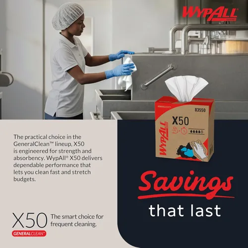 Miniatura 5 de WypAll GeneralClean X50 Toallitas de limpieza (83550), caja emergente, toallas fuertes para uso prolongado, color blanco