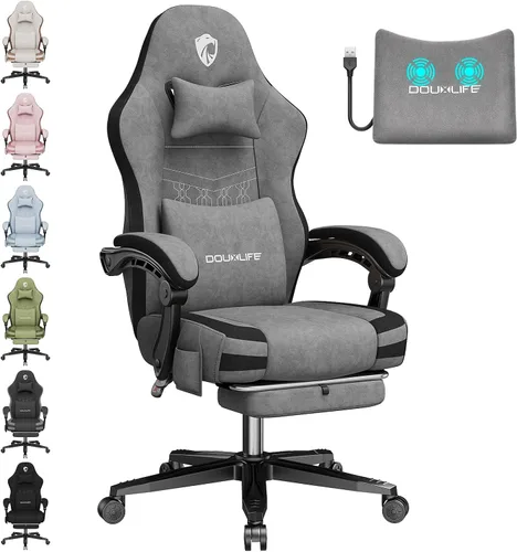 Miniatura 10 de Silla para videojuegos, silla de oficina de tela para computadora con masaje, silla ergonómica con reposapiés, soporte lumbar, cojín ensanchado
