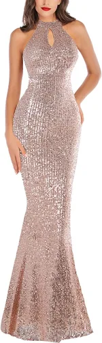 A ARFAR Vestido de fiesta de noche para mujer, vestido sin mangas con lentejuelas, cuello halter, vestido largo formal, vestidos de fiesta de