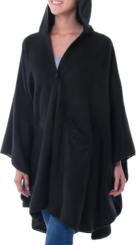 Miniatura 3 de NOVICA Artisan Handmade Alpaca Blend Ruana Cape Andean with Acrylic Wool Clothing Wraps Ruanas Black Solid Peru 'Glamorous Night', Negro