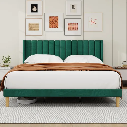 Miniatura 18 de alazyhome - Marco de cama tapizado de plataforma tamaño Queen con cabecera, soporte de listones de madera, sin ruido, fácil montaje, terciopelo beige