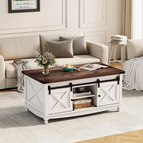 Miniatura 7 de ALLSTAND Mesa de centro elevable de 31.5 pulgadas con almacenamiento, mesas de centro de granja para sala de estar, mesa de centro cuadrada con gran