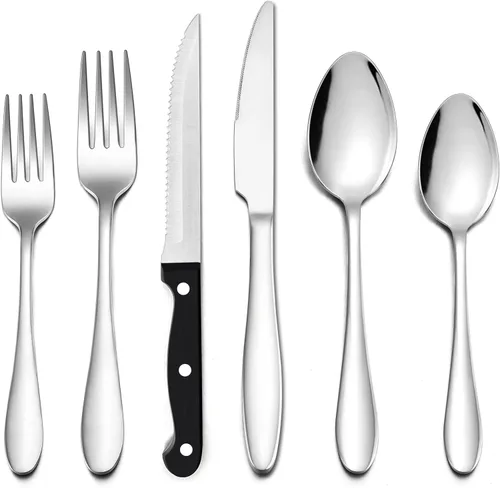 Miniatura 9 de LIANYU Juego de cubiertos de 24 piezas con cuchillos para carne, cubiertos de acero inoxidable para 4, tenedor, cuchara, cuchillo, utensilios
