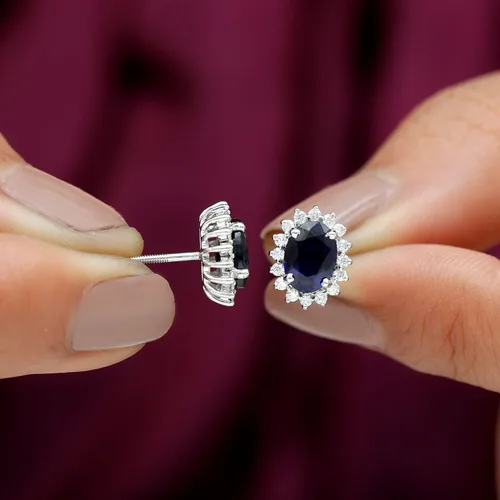 Miniatura 5 de Princess Diana Inspired Lab Created Blue Sapphire Earrings, Created Blue Sapphire Stud Earrings, Classic Created Blue Sapphire Earrings with