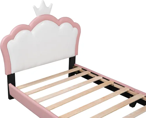 Miniatura 6 de Bonita cama de princesa tapizada de tamaño individual con cabecera corona, plataforma de piel sintética rosa para niños y niñas, no requiere somier