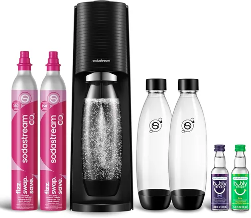 SodaStream - Terra Fabricante de Agua con Gas | PAQUETE DE VALOR | Sistema de CO2 CQC | Incluye 2 cilindros de CO2, 3 botellas aptas para Negro
