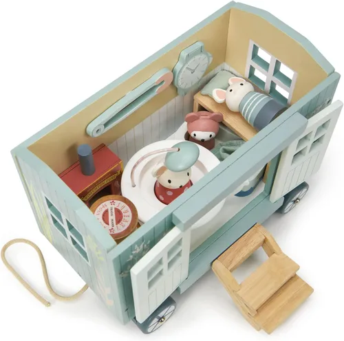 Miniatura 2 de Tender Leaf Toys - Cabaña del Pastor de la Pradera Secreta - Cabaña de Pastor de Madera Portátil y Amueblada con Ruedas, Incluye 11 Piezas
