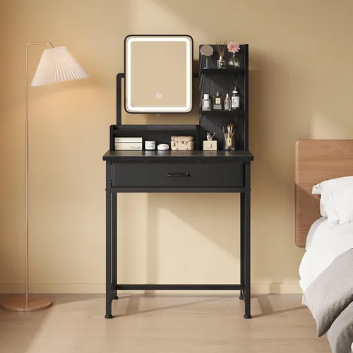 Miniatura 2 de YeTom Escritorio de maquillaje con espejo y luces, tocador pequeño con cajón de almacenamiento de tela, estantes y mesa auxiliar, tocador de Negro