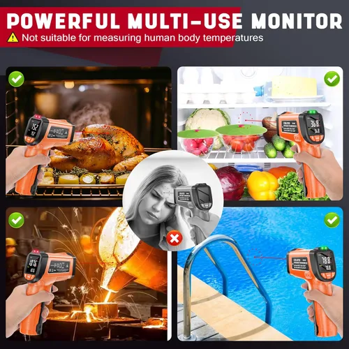 Miniatura 9 de Pistola de Termómetro Infrarrojo, Pistola de Temperatura Digital Láser sin Contacto, -58 °F a 1076 °F, Emisividad Ajustable y Valores Máx/Mín