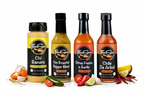 Fresco Sauce - Fabulosa Caja de Regalo de Salsa Picante Paquete de 4 - Mostaza Chi Banero - Mezcla de Pimienta Asada al Fuego - Ajo Cítricos Fresno